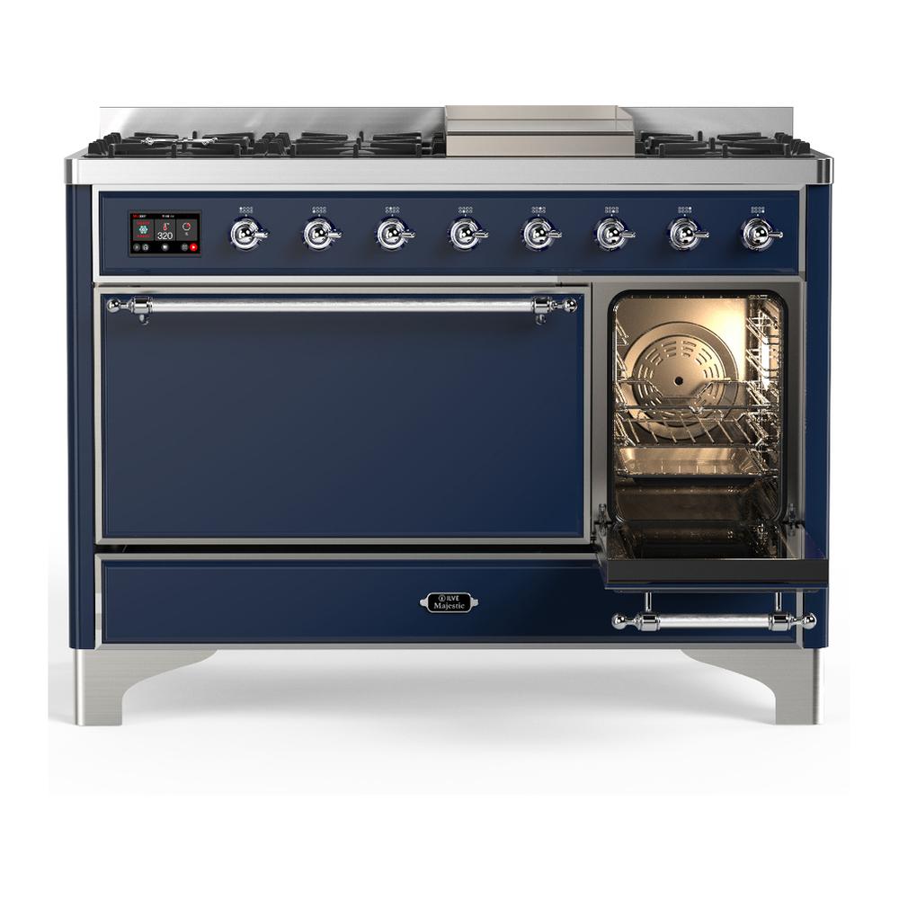 ILVE UM48FQNR3MBCLP Majestic III 48 inch Dual Fuel Range with 8 Burners and Griddle, Dual Function Burner up to 25,000 BTU (Liquid Propane, Solid Door, Midnight Blue, Chrome)