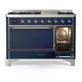 ILVE UM48FQNR3MBCLP Majestic III 48 inch Dual Fuel Range with 8 Burners and Griddle, Dual Function Burner up to 25,000 BTU (Liquid Propane, Solid Door, Midnight Blue, Chrome)