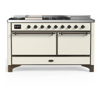 ILVE UM60FSQNR3AWBLP Majestic III 60 inch Dual Fuel Range with 7 Burners, Griddle and French Top, Dual Function Burner with up to 25,000 BTU (Liquid Propane, Solid Door, Antique White, Burnished)