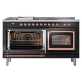 ILVE UN60FSNMPBKP Nostalgie II Noblesse 60 inch Dual Fuel Range (7 Sealed Burners + Griddle + French Top, Natural Gas, Triple Glass Door, Glossy Black, Copper)