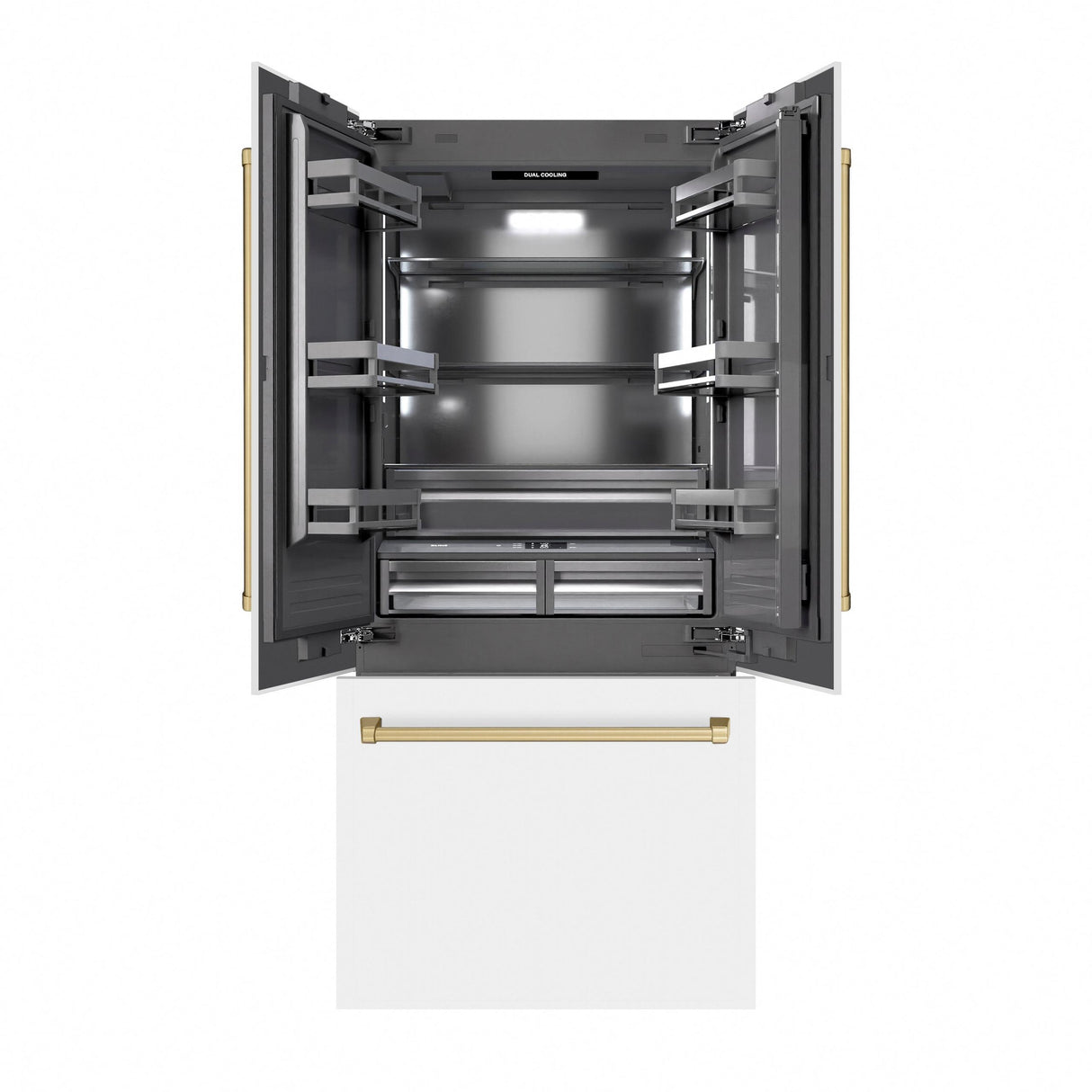 ZLINE Autograph Edition 36 in. 19.6 cu. ft. French Door Built-In Bottom Freezer Refrigerator with Water Dispenser and Ice Maker in White Matte with Graphite Gray Interior and Champagne Bronze Accents (GRBIVZ-WM-36-CB)