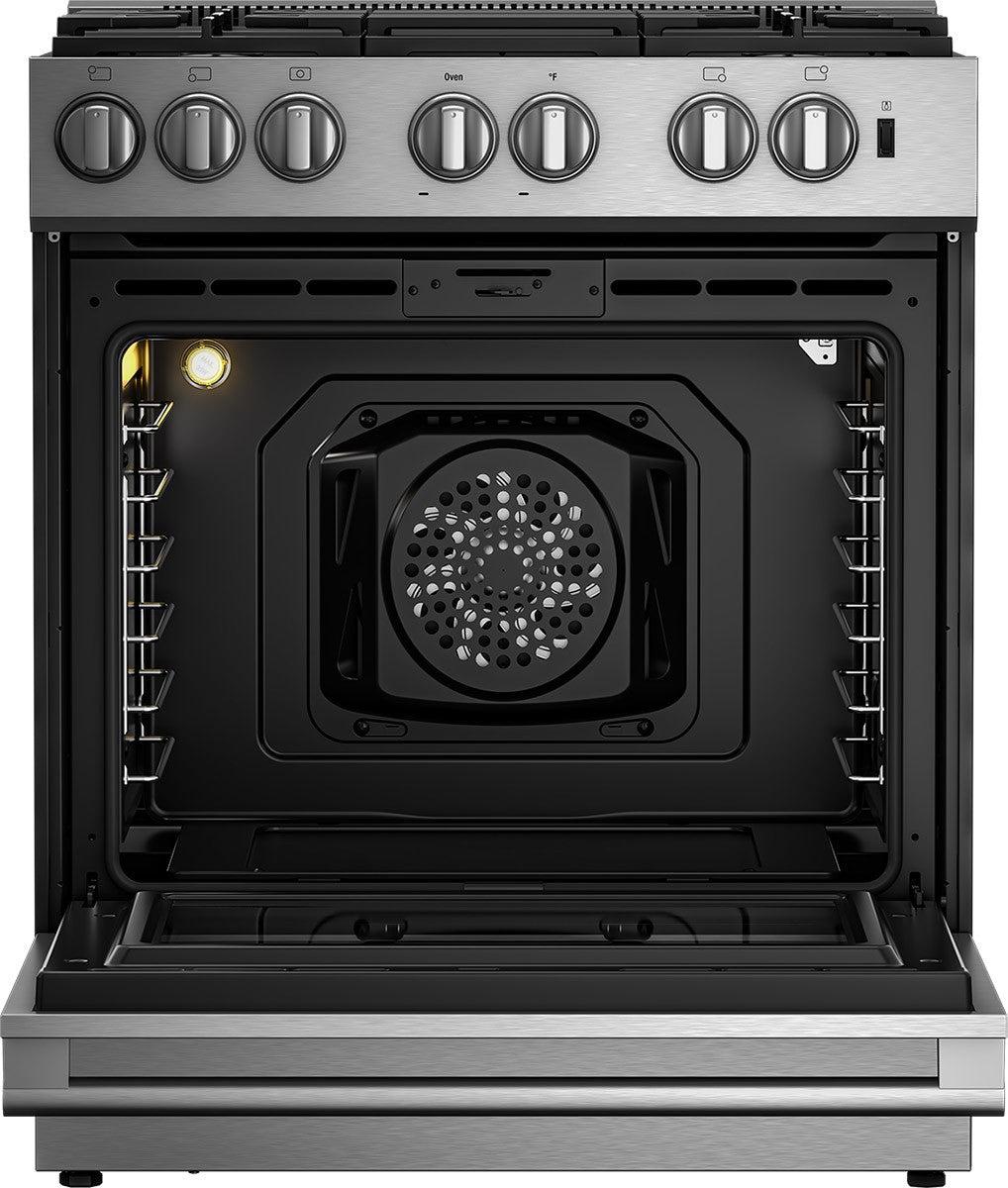 30in Dual Fuel 5 burner range with 5.7 cu ft self clean oven, slide-in style