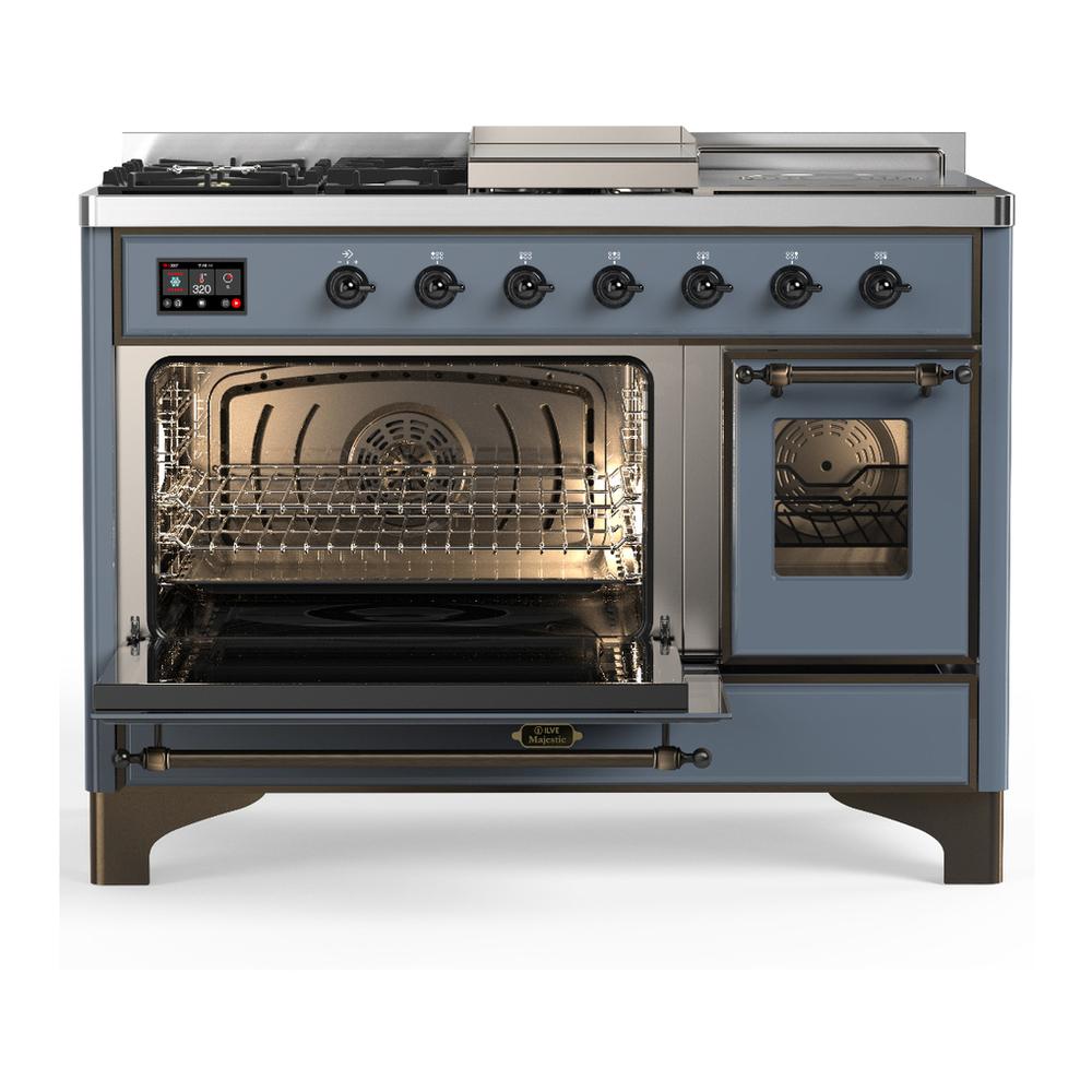ILVE UM48FSNR3BGBLP Majestic III 48 inch Dual Fuel Range with 5 Black Brass Burners, Griddle and French Top, Dual Function Burner up to 25,000 BTU (Liquid Propane, Triple Glass Door, Blue Grey, Burnished)