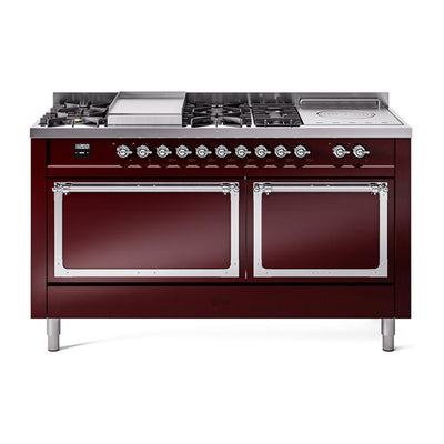 ILVE UN60FSQNMPBUCLP Nostalgie II Noblesse 60 inch Dual Fuel Range (7 Sealed Burners + Griddle + French Top, Liquid Propane, Solid Door, Burgundy, Chrome)