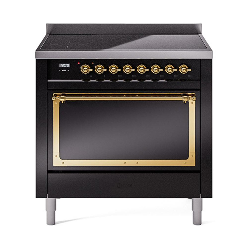 ILVE UNI366QNMPBKG Nostalgie II Noblesse 36 inch Induction Range (Solid Door, Glossy Black, Brass)