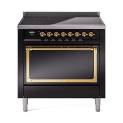ILVE UNI366QNMPBKG Nostalgie II Noblesse 36 inch Induction Range (Solid Door, Glossy Black, Brass)