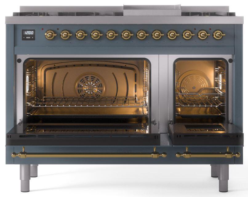 Nostalgie II 48 Inch Dual Fuel Natural Gas Freestanding Range in Blue Grey with Brass Trim