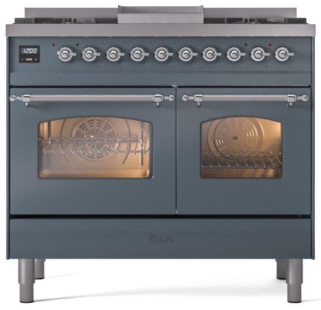 Nostalgie II 40 Inch Dual Fuel Natural Gas Freestanding Range in Blue Grey with Chrome Trim