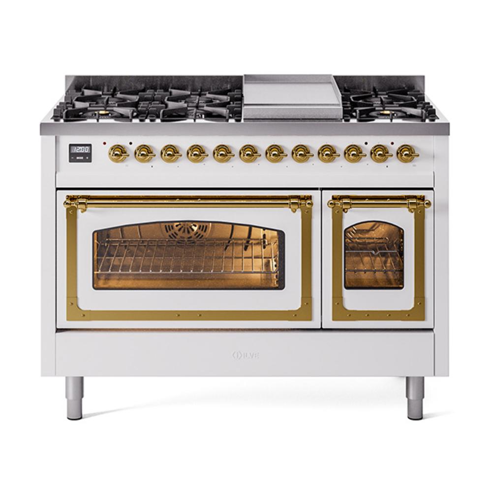 ILVE UN48FNMPWHG Nostalgie II Noblesse 48 inch Dual Fuel Range (8 Sealed Burners + Griddle, Natural Gas, Triple Glass Door, White, Brass)