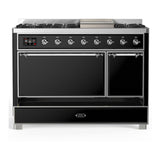 ILVE UM48FQNR3BKCLP Majestic III 48 inch Dual Fuel Range with 8 Burners and Griddle, Dual Function Burner up to 25,000 BTU (Liquid Propane, Solid Door, Glossy Black, Chrome)