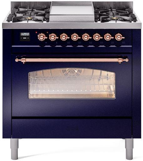 Nostalgie II 36 Inch Dual Fuel Liquid Propane Freestanding Range in Blue with Copper Trim