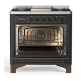 ILVE UM36FQNR3MGB Majestic III 36 inch Dual Fuel Range with 6 Black Brass Burners and Griddle, Dual Function Burner up to 25,000 BTU (Solid Door, Graphite Matte, Burnished, Natural Gas)