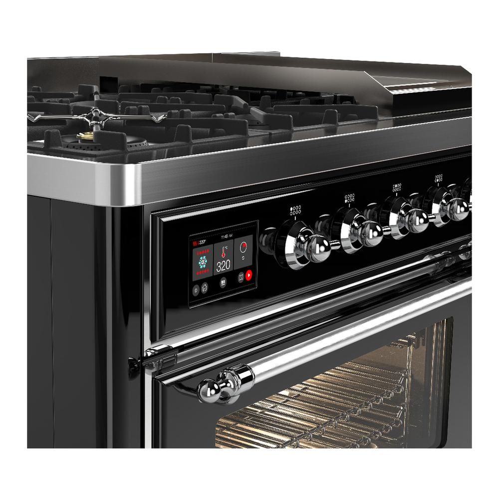 ILVE UM48FNR3BKC Majestic III 48 inch Dual Fuel Range with 8 Burners and Griddle, Dual Function Burner up to 25,000 BTU (Natural Gas, Triple Glass Door, Glossy Black, Chrome)