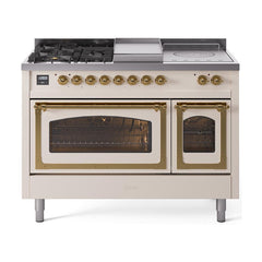 ILVE UN48FSNMPAWGLP Nostalgie II Noblesse 48 inch Dual Fuel Range (5 Sealed Burners + Griddle + French Top, Liquid Propane, Triple Glass Door, Antique White, Brass)