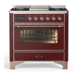 ILVE UM36FNR3BUPLP Majestic III 36 inch Dual Fuel Range with 6 Black Brass Burners and Griddle, Dual Function Burner up to 25,000 BTU (Triple Glass Door, Burgundy, Copper, Liquid Propane)
