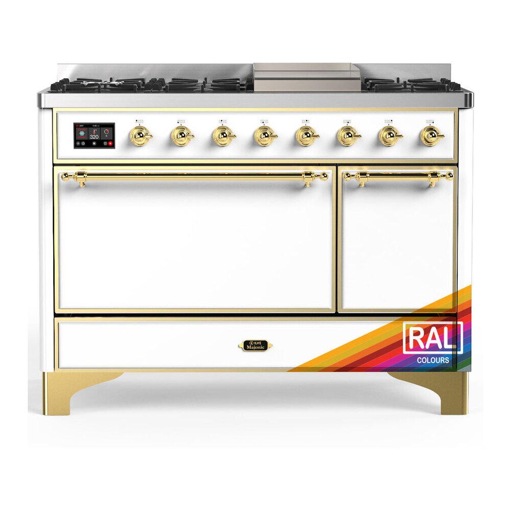 ILVE UM48FQNR3RAG Majestic III 48 inch Dual Fuel Range with 8 Burners and Griddle, Dual Function Burner up to 25,000 BTU (Natural Gas, Solid Door, RAL, Brass)