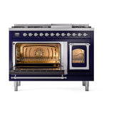 ILVE UN48FNMPMBC Nostalgie II Noblesse 48 inch Dual Fuel Range (8 Sealed Burners + Griddle, Natural Gas, Triple Glass Door, Midnight Blue, Chrome)