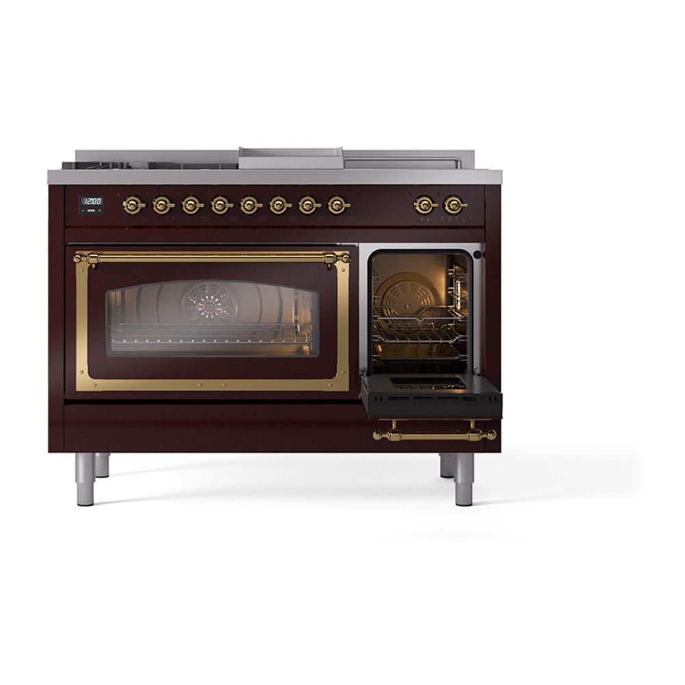 ILVE UN48FSNMPBUGLP Nostalgie II Noblesse 48 inch Dual Fuel Range (5 Sealed Burners + Griddle + French Top, Liquid Propane, Triple Glass Door, Burgundy, Brass)