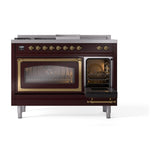 ILVE UN48FSNMPBUGLP Nostalgie II Noblesse 48 inch Dual Fuel Range (5 Sealed Burners + Griddle + French Top, Liquid Propane, Triple Glass Door, Burgundy, Brass)
