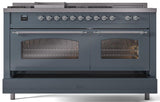 Nostalgie II 60 Inch Dual Fuel Natural Gas Freestanding Range in Blue Grey with Chrome Trim