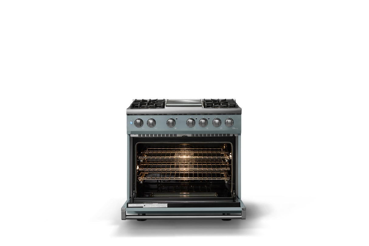 36"W. Dual Fuel Range (Burner: 4g, Finish: November Sky, Trim: Polished Chrome, Fuel: Natural Gas)
