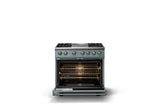 36"W. Dual Fuel Range (Burner: 4g, Finish: November Sky, Trim: Polished Chrome, Fuel: Natural Gas)
