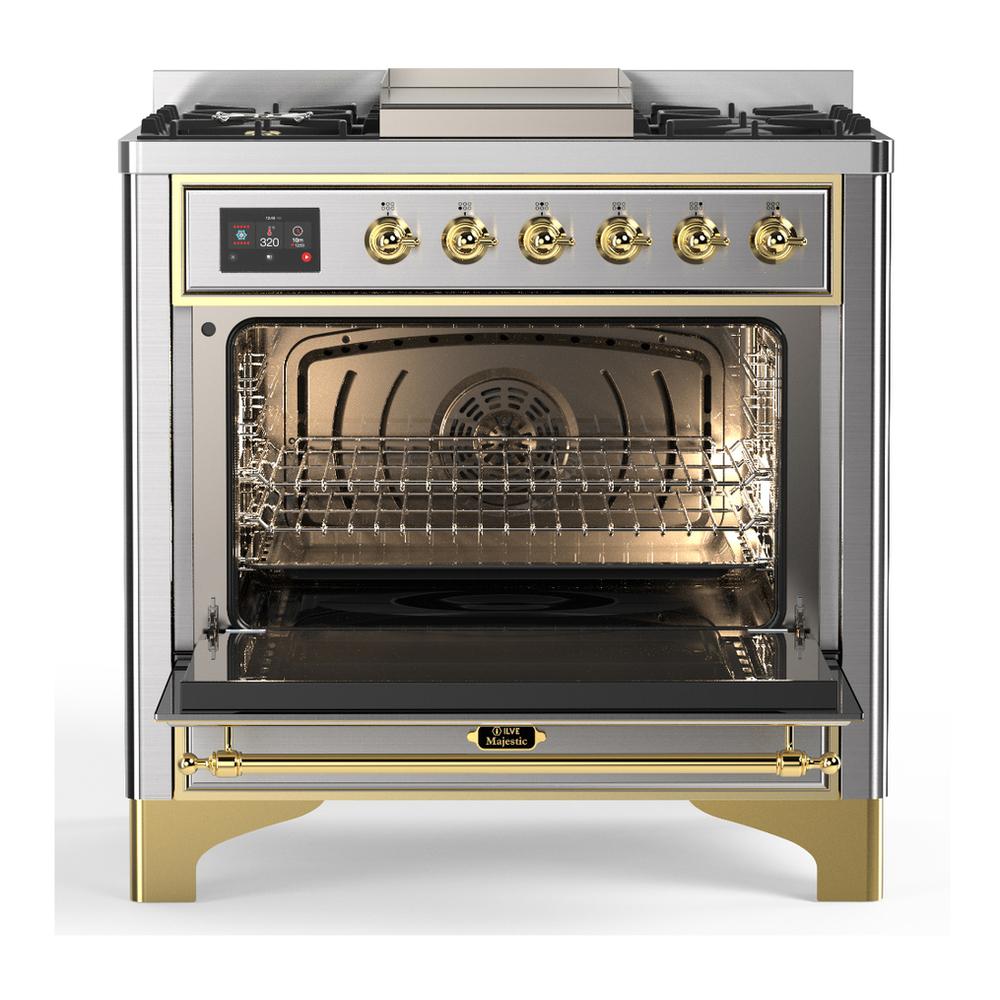 ILVE UM36FQNR3SSG Majestic III 36 inch Dual Fuel Range with 6 Black Brass Burners and Griddle, Dual Function Burner up to 25,000 BTU (Solid Door, Stainless Steel, Brass, Natural Gas)