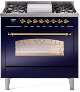 Nostalgie II 36 Inch Dual Fuel Natural Gas Freestanding Range in Blue with Brass Trim