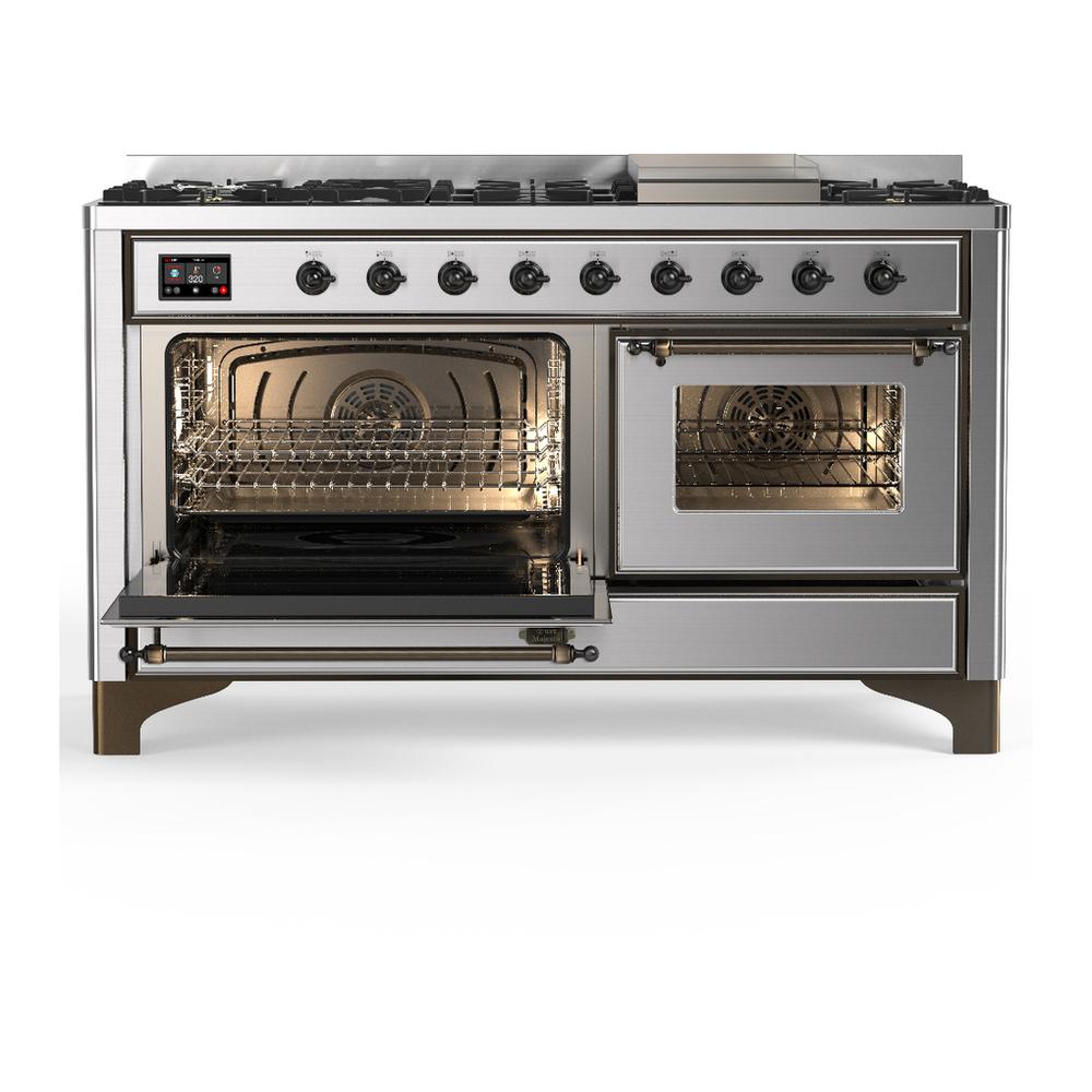 ILVE UM60FNR3SSB Majestic III 60 inch Dual Fuel Range with 9 Burners and Griddle, Dual Function Burner up to 25,000 BTU (Natural Gas, Triple Glass Door, Stainless Steel, Burnished)