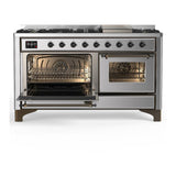 ILVE UM60FNR3SSB Majestic III 60 inch Dual Fuel Range with 9 Burners and Griddle, Dual Function Burner up to 25,000 BTU (Natural Gas, Triple Glass Door, Stainless Steel, Burnished)