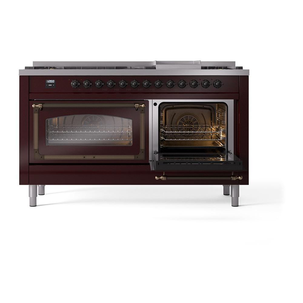 ILVE UN60FNMPBUBLP Nostalgie II Noblesse 60 inch Dual Fuel Range (9 Sealed Burners + Griddle, Liquid Propane, Triple Glass Door, Burgundy, Burnished)