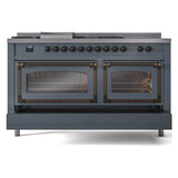 ILVE UN60FSNMPBGB Nostalgie II Noblesse 60 inch Dual Fuel Range (7 Sealed Burners + Griddle + French Top, Natural Gas, Triple Glass Door, Blue Grey, Burnished)