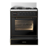 ILVE UM30NR3BKB Majestic III 30 inch Dual Fuel Range with 5 Black Brass Burners, Dual Function Burner up to 25,000 BTU (Natural Gas, Triple Glass Door, Glossy Black, Burnished)