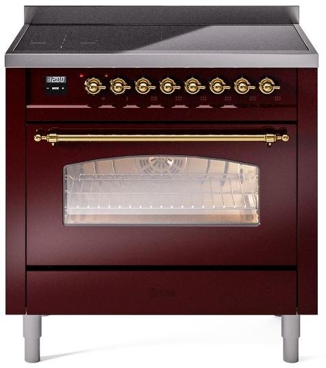 Nostalgie II 36 Inch Electric Freestanding Range in Burgundy with Brass Trim