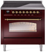 Nostalgie II 36 Inch Electric Freestanding Range in Burgundy with Brass Trim