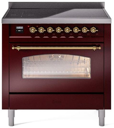 Nostalgie II 36 Inch Electric Freestanding Range in Burgundy with Brass Trim
