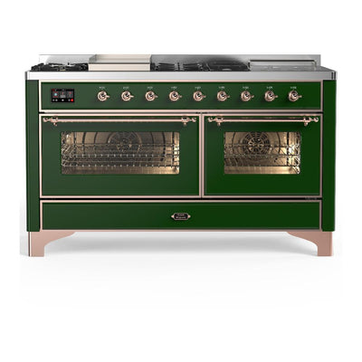ILVE UM60FSNR3EGP Majestic III 60 inch Dual Fuel Range with 7 Burners, Griddle and French Top, Dual Function Burner with up to 25,000 BTU (Natural Gas, Triple Glass Door, Emerald Green, Copper)