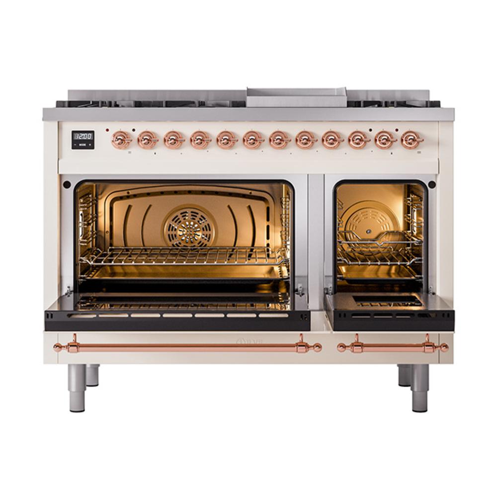 ILVE UN48FQNMPAWP Nostalgie II Noblesse 48 inch Dual Fuel Range (8 Sealed Burners + Griddle, Natural Gas, Solid Door, Antique White, Copper)