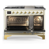 ILVE UM48FNR3AWG Majestic III 48 inch Dual Fuel Range with 8 Burners and Griddle, Dual Function Burner up to 25,000 BTU (Natural Gas, Triple Glass Door, Antique White, Brass)