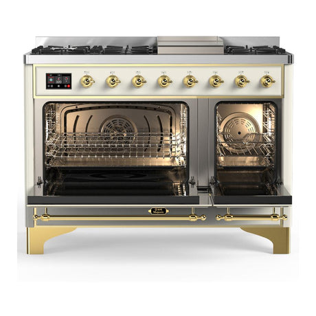 ILVE UM48FNR3AWG Majestic III 48 inch Dual Fuel Range with 8 Burners and Griddle, Dual Function Burner up to 25,000 BTU (Natural Gas, Triple Glass Door, Antique White, Brass)