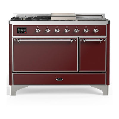 ILVE UM48FSQNR3BUC Majestic III 48 inch Dual Fuel Range with 5 Black Brass Burners, Griddle and French Top, Dual Function Burner up to 25,000 BTU (Natural Gas, Solid Door, Burgundy, Chrome)