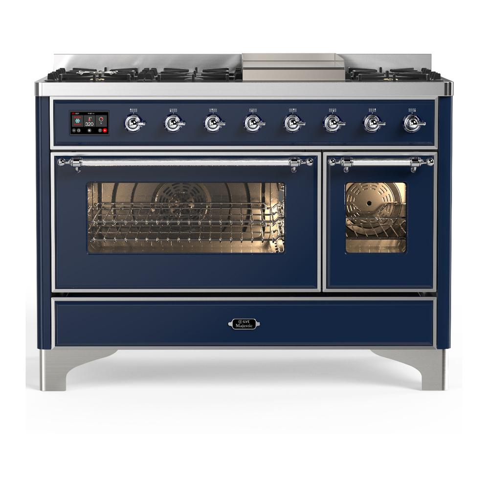 ILVE UM48FNR3MBC Majestic III 48 inch Dual Fuel Range with 8 Burners and Griddle, Dual Function Burner up to 25,000 BTU (Natural Gas, Triple Glass Door, Midnight Blue, Chrome)