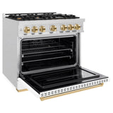 ZLINE Autograph Edition 36 in. 5.2 cu. ft. Classic Dual Fuel Range with 6 Burner Gas Cooktop and Electric Convection Oven in DuraSnow' Stainless Steel with White Matte Door and Polished Gold Accents (CDRSZ-WM-36-G)