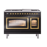 ILVE UN48FNMPBKG Nostalgie II Noblesse 48 inch Dual Fuel Range (8 Sealed Burners + Griddle, Natural Gas, Triple Glass Door, Glossy Black, Brass)