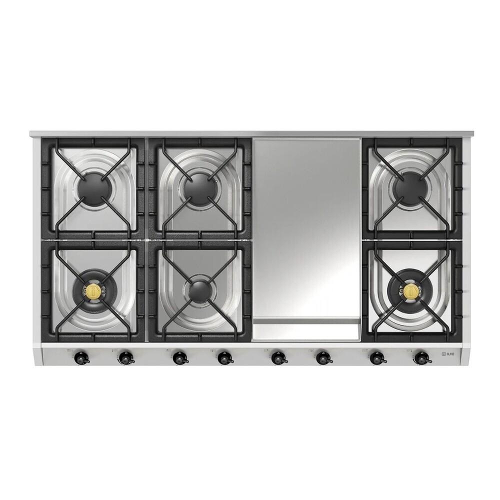 ILVE UHCP1265FNSSBLP Nostalgie II 48 inch Built-In Gas Cooktop with 8 Burners, Griddle, in Stainless Steel (Liquid Propane, Burnished)