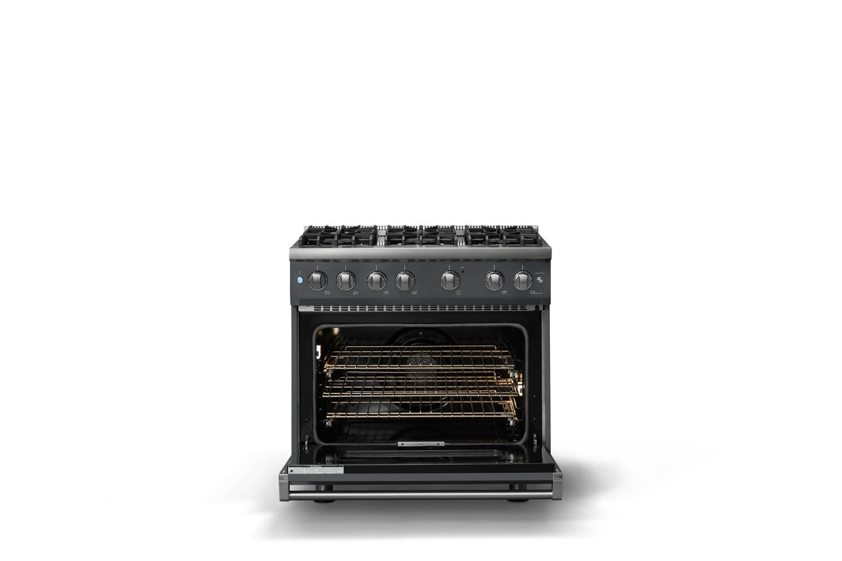 36"W. Sealed Burner Gas Range (Burner: 6b, Finish: Cast Black, Trim: Polished Chrome, Fuel: Natural Gas)