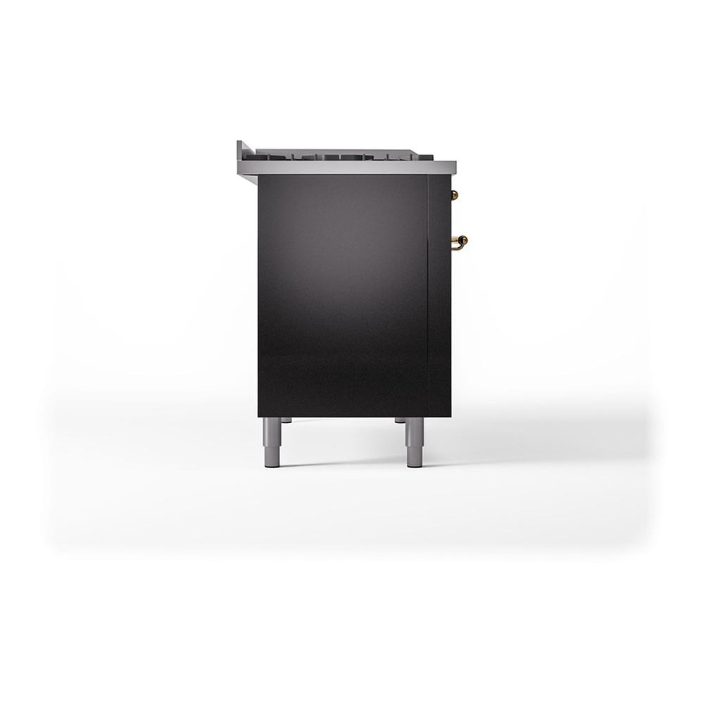 ILVE UN48FSQNMPBKG Nostalgie II Noblesse 48 inch Dual Fuel Range (5 Sealed Burners + Griddle + French Top, Natural Gas, Solid Door, Glossy Black, Brass)