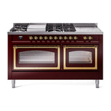 ILVE UN60FSNMPBUG Nostalgie II Noblesse 60 inch Dual Fuel Range (7 Sealed Burners + Griddle + French Top, Natural Gas, Triple Glass Door, Burgundy, Brass)