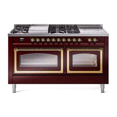 ILVE UN60FSNMPBUG Nostalgie II Noblesse 60 inch Dual Fuel Range (7 Sealed Burners + Griddle + French Top, Natural Gas, Triple Glass Door, Burgundy, Brass)
