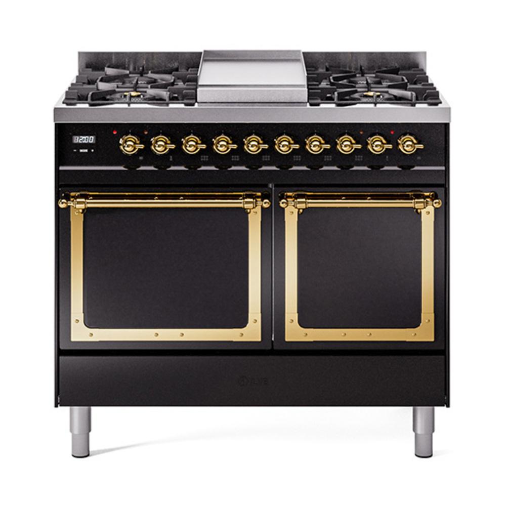 ILVE UND40FQNMPBKGLP Nostalgie II Noblesse 40 inch Dual Fuel Range (Liquid Propane, Solid Door, Glossy Black, Brass)